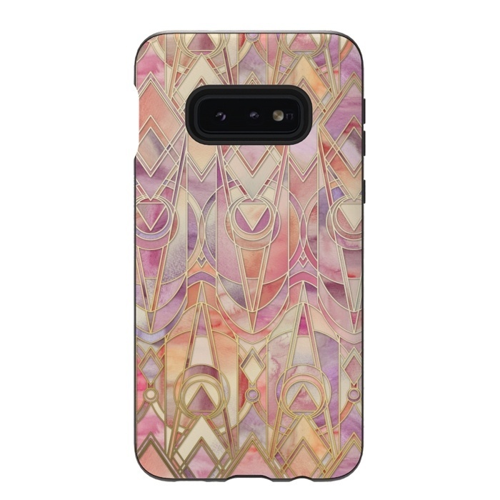 Galaxy S10e StrongFit Glowing Coral and Amethyst Art Deco Pattern by Micklyn Le Feuvre