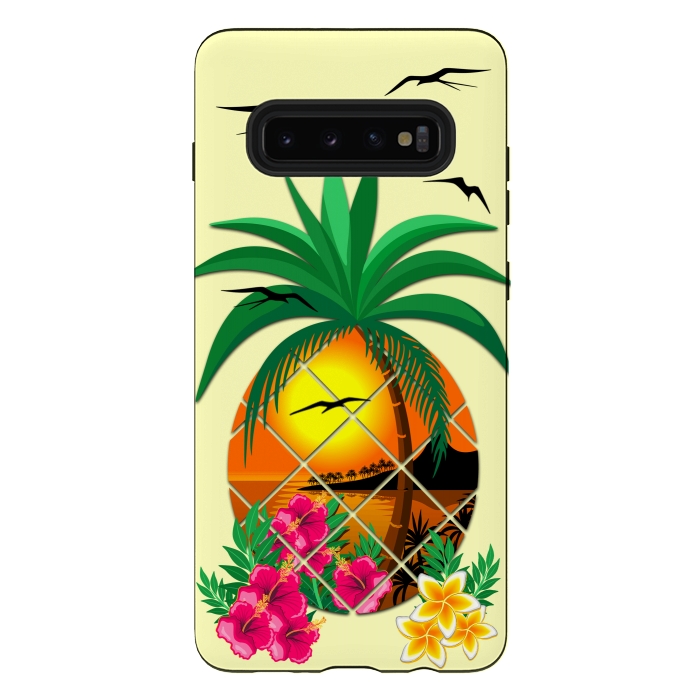 Galaxy S10 plus StrongFit Pineapple Tropical Sunset, Palm Tree and Flowers by BluedarkArt