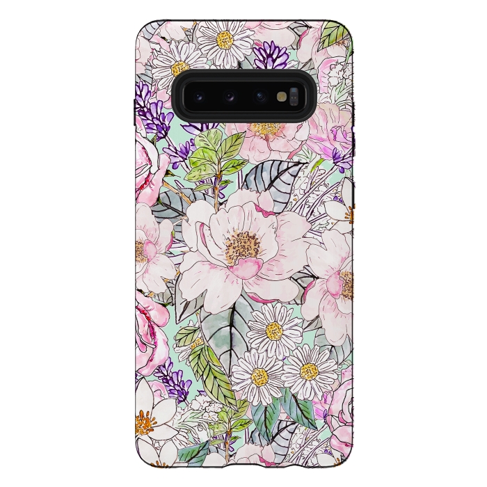 Galaxy S10 plus StrongFit Watercolor garden peonies floral hand paint  by InovArts