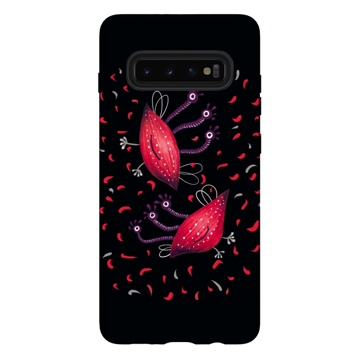 Galaxy S10 plus StrongFit Cute Funny Red Three Eyed Cartoon Aliens by Boriana Giormova