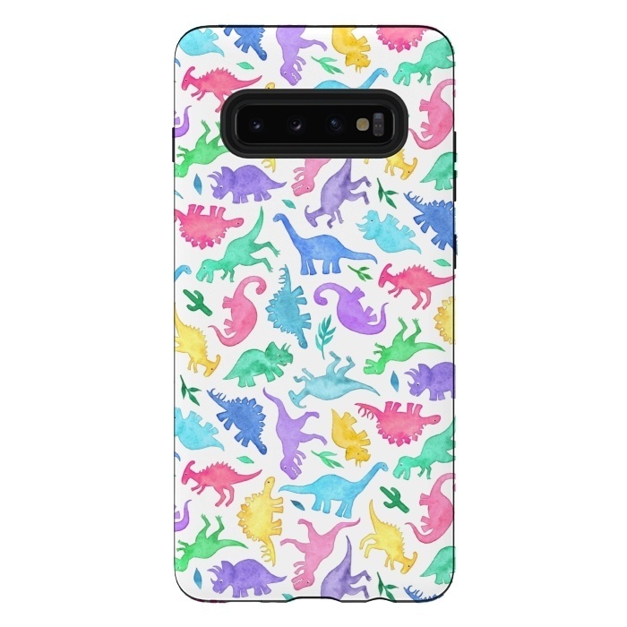 Galaxy S10 plus StrongFit Ditsy Dinos in Bright Pastels on White by Micklyn Le Feuvre