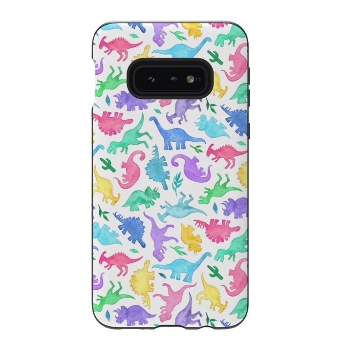 Galaxy S10e StrongFit Ditsy Dinos in Bright Pastels on White by Micklyn Le Feuvre