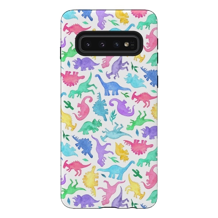 Galaxy S10 StrongFit Ditsy Dinos in Bright Pastels on White by Micklyn Le Feuvre