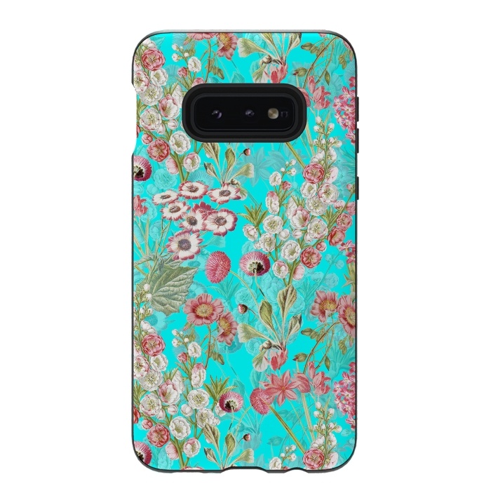 Galaxy S10e StrongFit White & Pink Flowers on Teal by  Utart