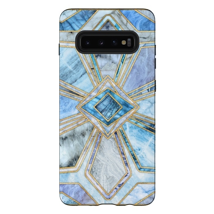 Galaxy S10 plus StrongFit Geometric Gilded Stone Tiles in Soft Blues by Micklyn Le Feuvre