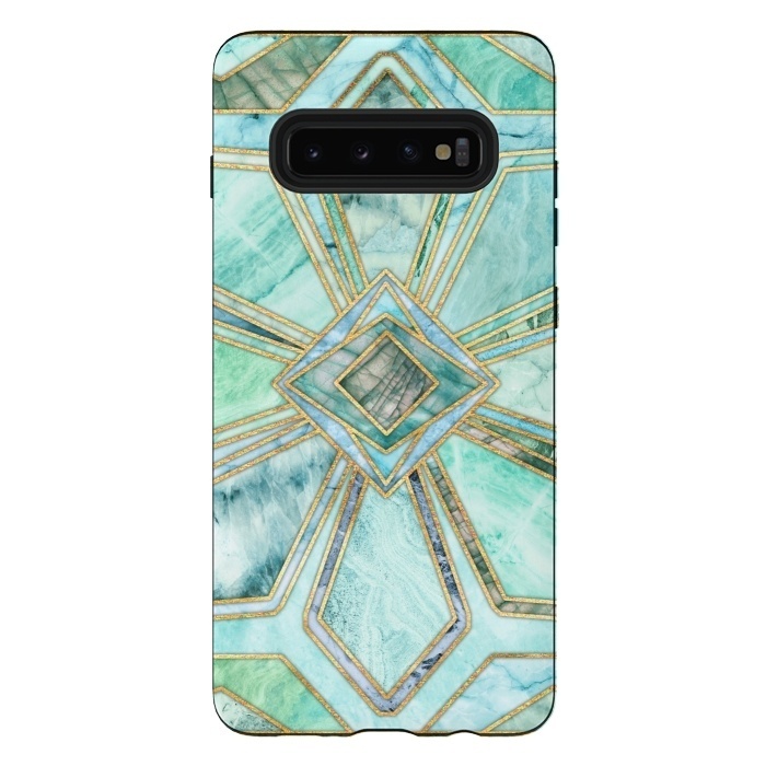 Galaxy S10 plus StrongFit Geometric Gilded Stone Tiles in Mint and Jade Green by Micklyn Le Feuvre