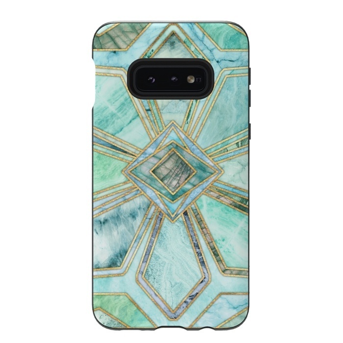 Galaxy S10e StrongFit Geometric Gilded Stone Tiles in Mint and Jade Green by Micklyn Le Feuvre