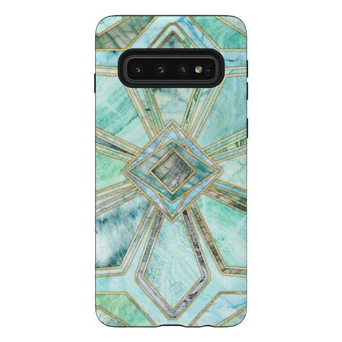 Galaxy S10 StrongFit Geometric Gilded Stone Tiles in Mint and Jade Green by Micklyn Le Feuvre