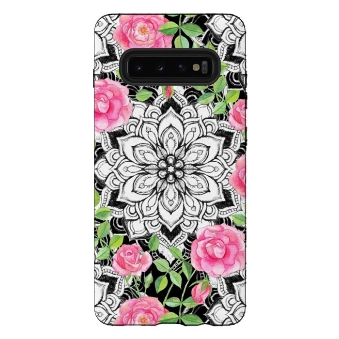 Galaxy S10 plus StrongFit Peach Pink Roses and Mandalas on Black and White Lace by Micklyn Le Feuvre