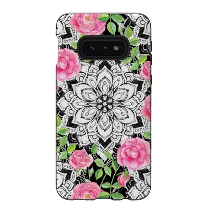 Galaxy S10e StrongFit Peach Pink Roses and Mandalas on Black and White Lace by Micklyn Le Feuvre