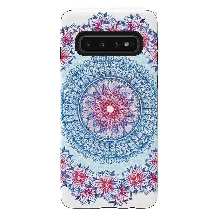 Galaxy S10 StrongFit Red, White and Blue Floral Mandala by Micklyn Le Feuvre