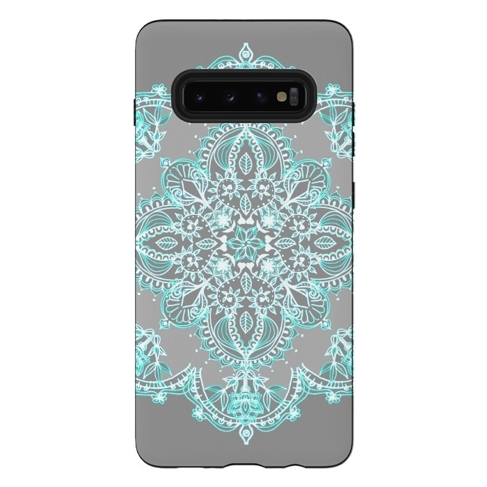 Galaxy S10 plus StrongFit Teal and Aqua Lace Mandala on Grey  by Micklyn Le Feuvre
