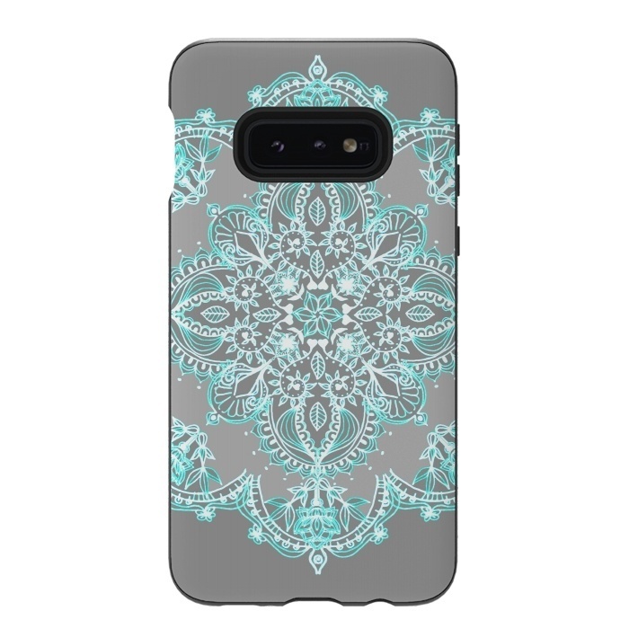 Galaxy S10e StrongFit Teal and Aqua Lace Mandala on Grey  by Micklyn Le Feuvre