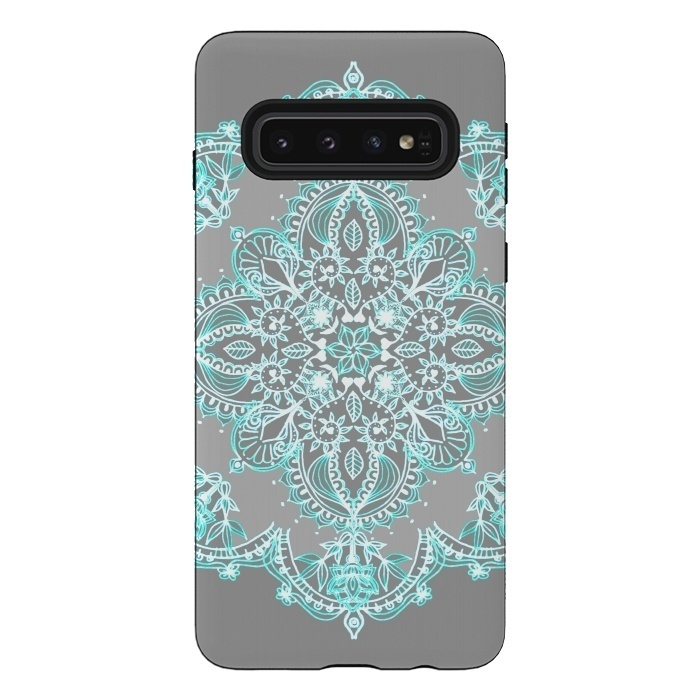 Galaxy S10 StrongFit Teal and Aqua Lace Mandala on Grey  by Micklyn Le Feuvre
