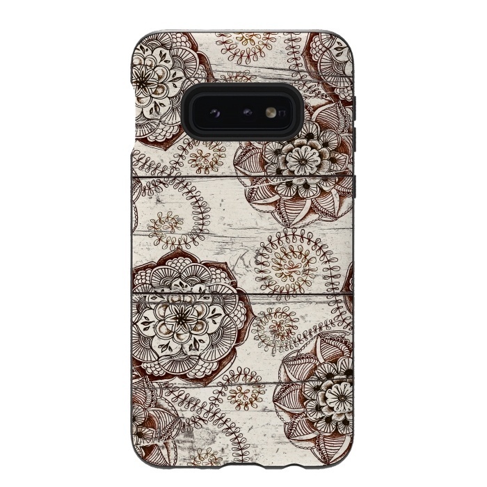 Galaxy S10e StrongFit Coffee & Cocoa - brown & cream floral doodles on wood by Micklyn Le Feuvre