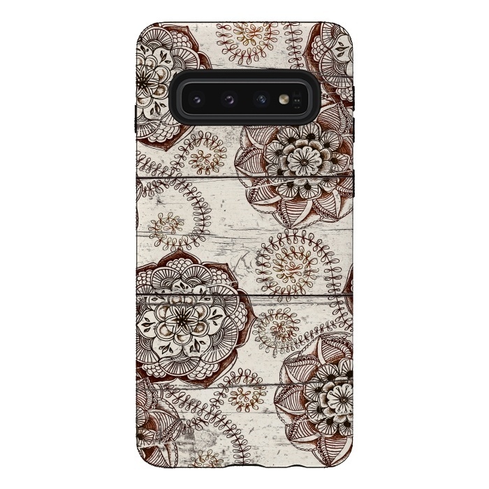 Galaxy S10 StrongFit Coffee & Cocoa - brown & cream floral doodles on wood by Micklyn Le Feuvre