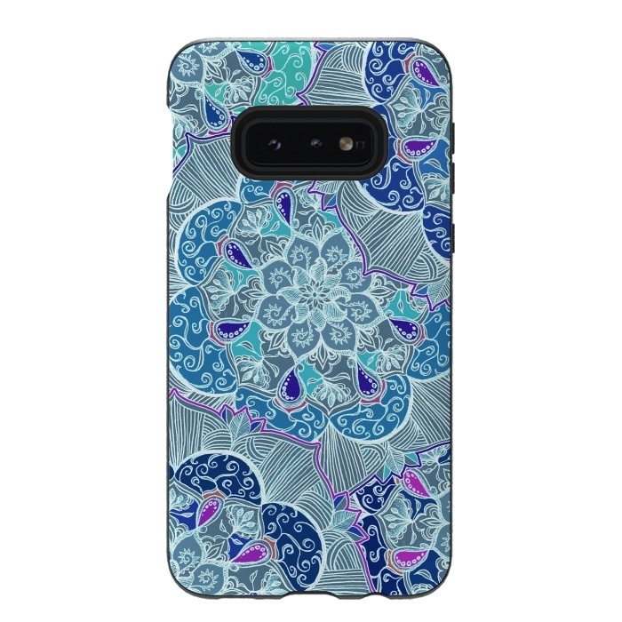 Galaxy S10e StrongFit Fresh Doodle in Teal Blue, Purple and Grey by Micklyn Le Feuvre