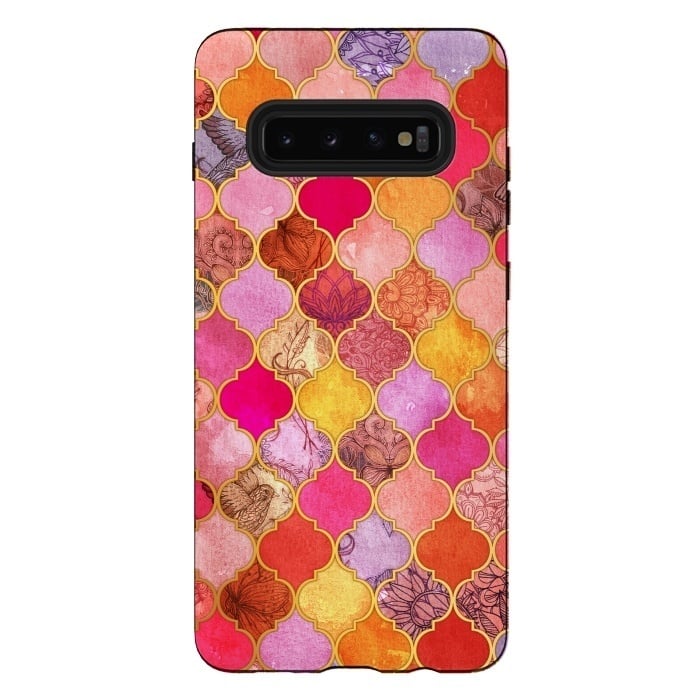 Galaxy S10 plus StrongFit Hot Pink, Gold, Tangerine & Taupe Decorative Moroccan Tile Pattern by Micklyn Le Feuvre
