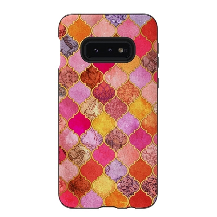 Galaxy S10e StrongFit Hot Pink, Gold, Tangerine & Taupe Decorative Moroccan Tile Pattern by Micklyn Le Feuvre