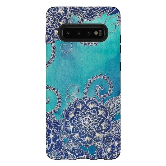 Galaxy S10 plus StrongFit Mermaid's Garden - Navy & Teal Floral on Watercolor by Micklyn Le Feuvre