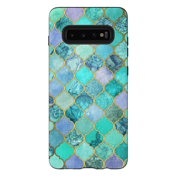 Galaxy S10 plus StrongFit Cool Jade Icy Mint Decorative Moroccan Tile Pattern by Micklyn Le Feuvre