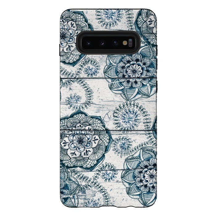 Galaxy S10 plus StrongFit Navy Blue Floral Doodles on Wood by Micklyn Le Feuvre
