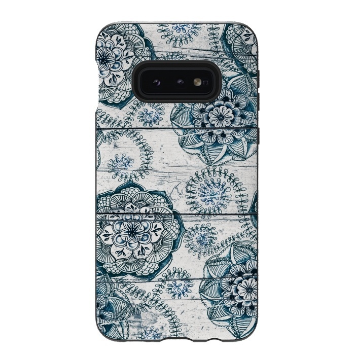 Galaxy S10e StrongFit Navy Blue Floral Doodles on Wood by Micklyn Le Feuvre