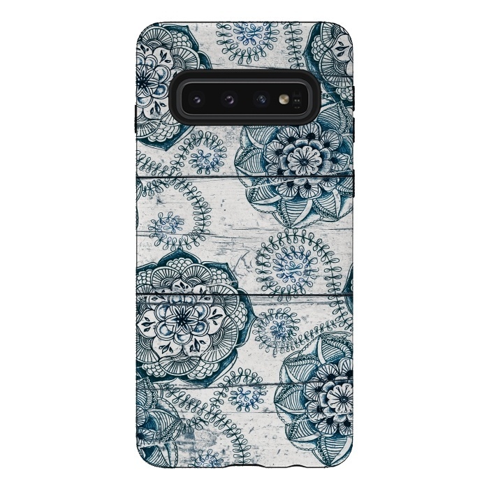 Galaxy S10 StrongFit Navy Blue Floral Doodles on Wood by Micklyn Le Feuvre