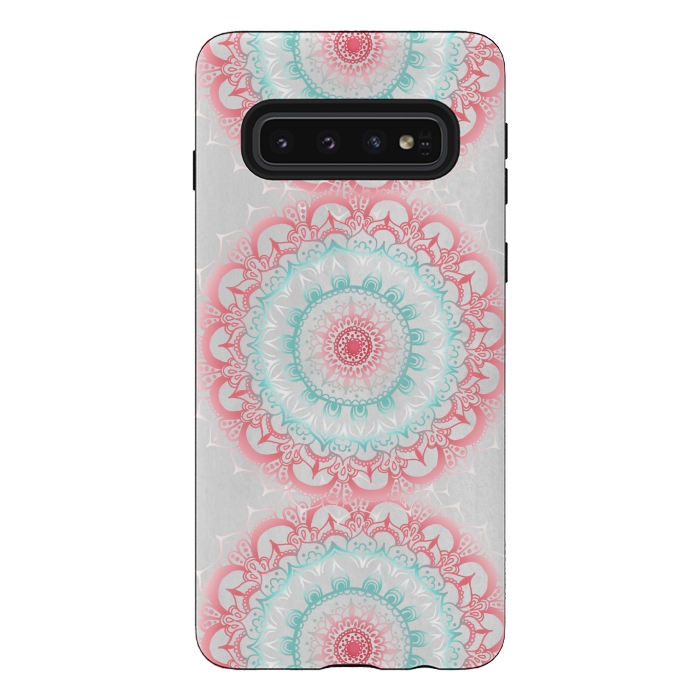 Galaxy S10 StrongFit Faded Coral & Mint Mandalas on Grey by Tangerine-Tane