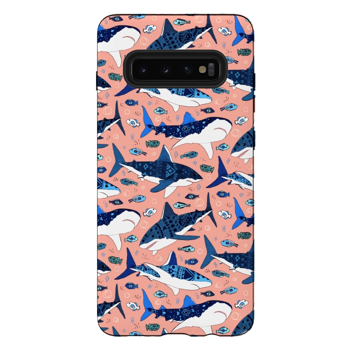 Galaxy S10 plus StrongFit Tribal Sharks & Fish On Pink by Tigatiga