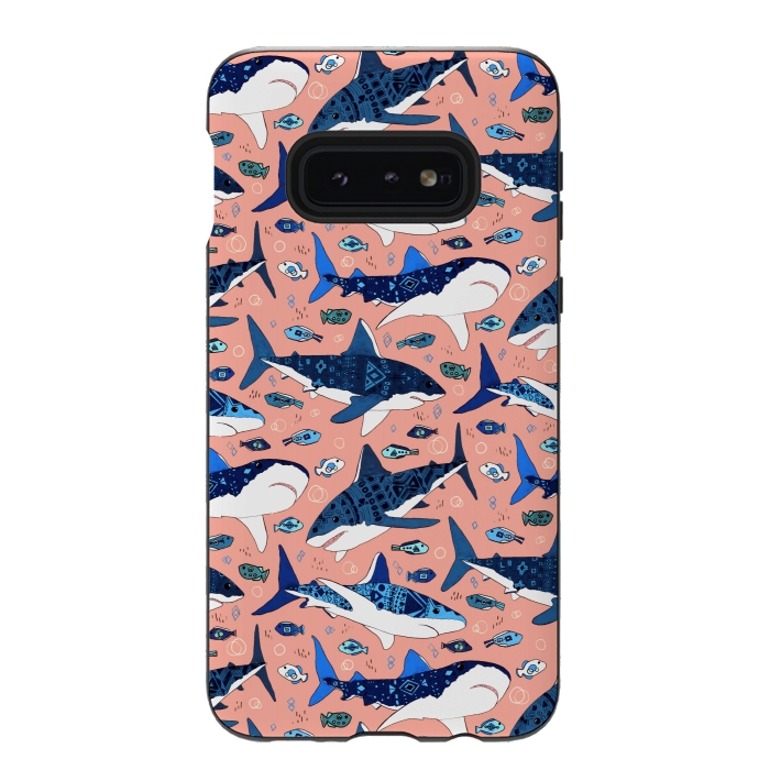Galaxy S10e StrongFit Tribal Sharks & Fish On Pink by Tigatiga