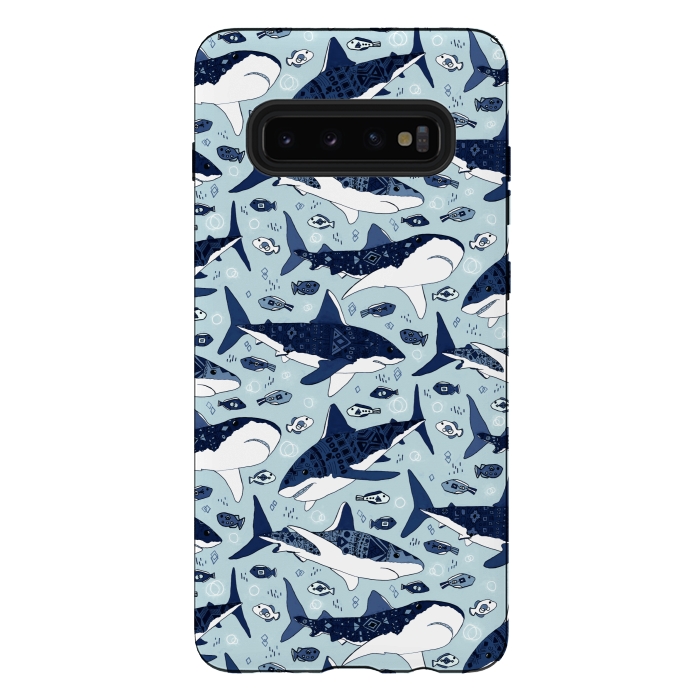 Galaxy S10 plus StrongFit Tribal Sharks & Fish On Baby Blue  by Tigatiga
