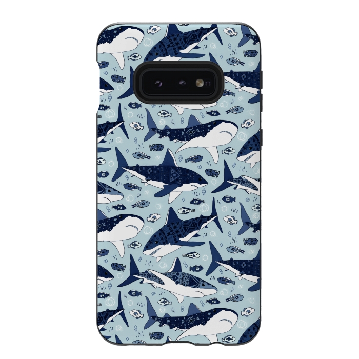 Galaxy S10e StrongFit Tribal Sharks & Fish On Baby Blue  by Tigatiga