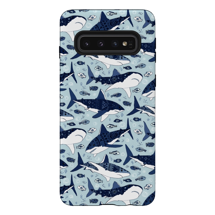 Galaxy S10 StrongFit Tribal Sharks & Fish On Baby Blue  by Tigatiga