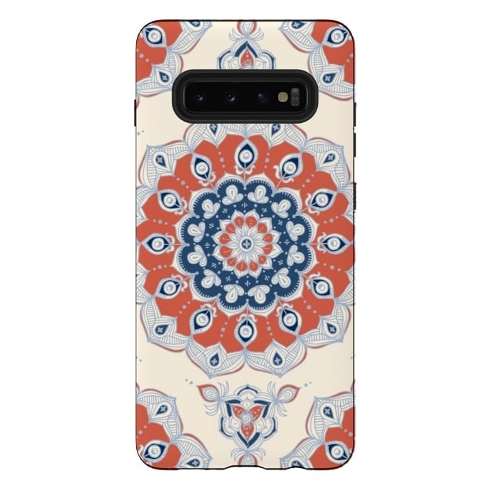 Galaxy S10 plus StrongFit Red, Blue and Cream Floral Mandala by Micklyn Le Feuvre