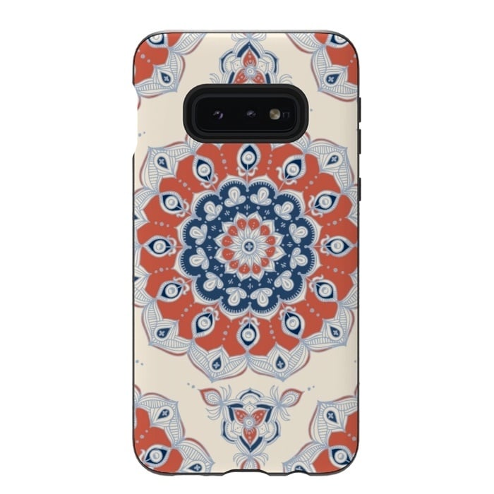 Galaxy S10e StrongFit Red, Blue and Cream Floral Mandala by Micklyn Le Feuvre