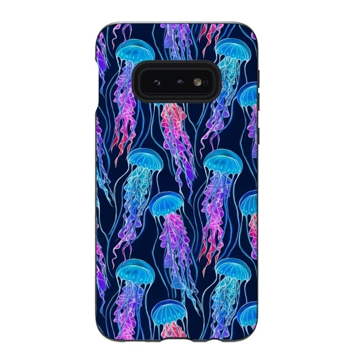 Galaxy S10e StrongFit Luminescent Rainbow Jellyfish on Navy Blue by Micklyn Le Feuvre