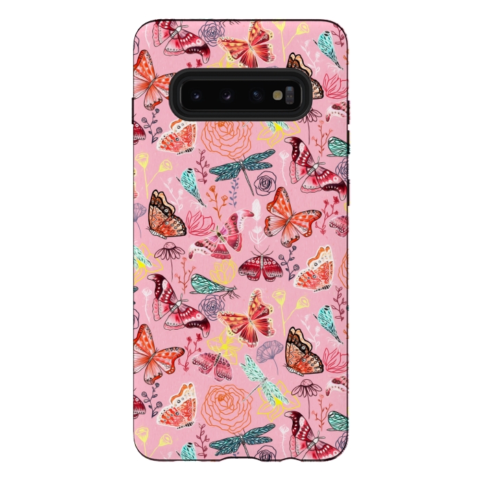 Galaxy S10 plus StrongFit Butterflies, Dragonflies and Moths on Pink  by Tigatiga