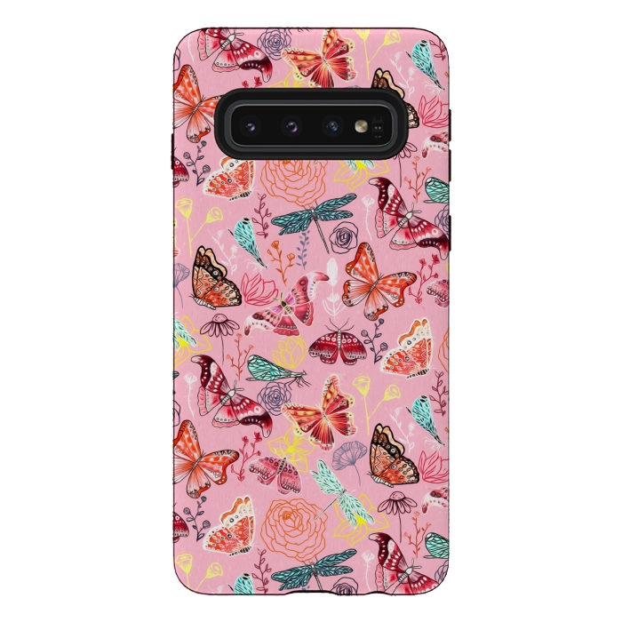 Galaxy S10 StrongFit Butterflies, Dragonflies and Moths on Pink  by Tigatiga