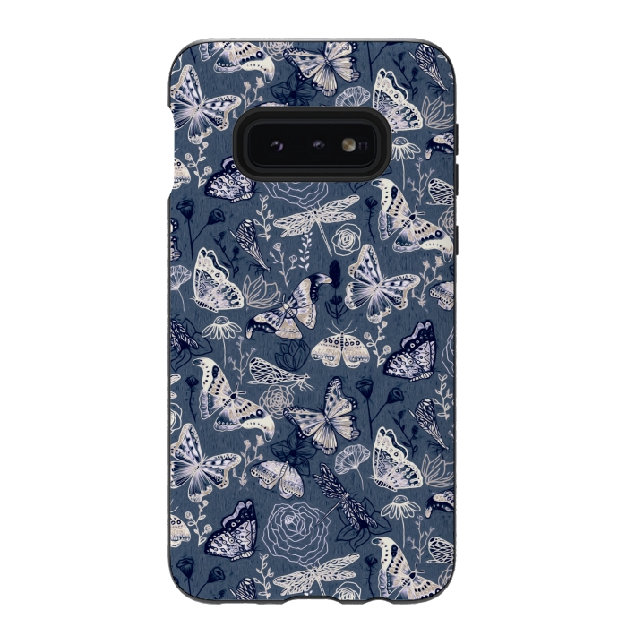 Galaxy S10e StrongFit Butterflies, Dragonflies and Moths on Navy  by Tigatiga