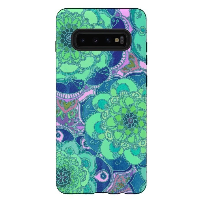 Galaxy S10 plus StrongFit Fantasy Flowers in Mint Green & Purple by Micklyn Le Feuvre