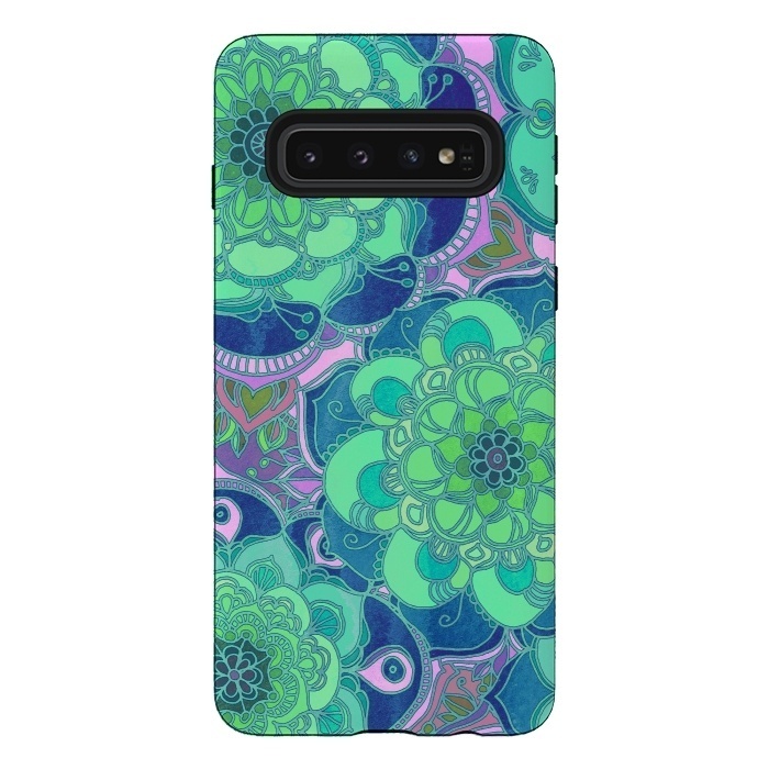 Galaxy S10 StrongFit Fantasy Flowers in Mint Green & Purple by Micklyn Le Feuvre