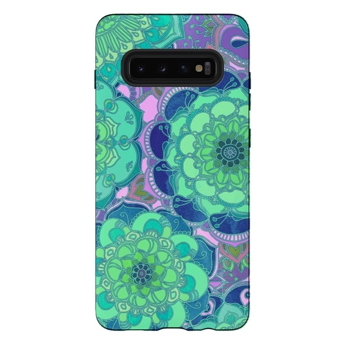 Galaxy S10 plus StrongFit Fantasy Flowers in Mint Green & Purple 2 by Micklyn Le Feuvre