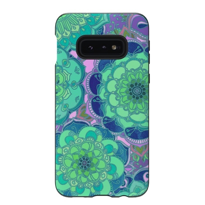 Galaxy S10e StrongFit Fantasy Flowers in Mint Green & Purple 2 by Micklyn Le Feuvre