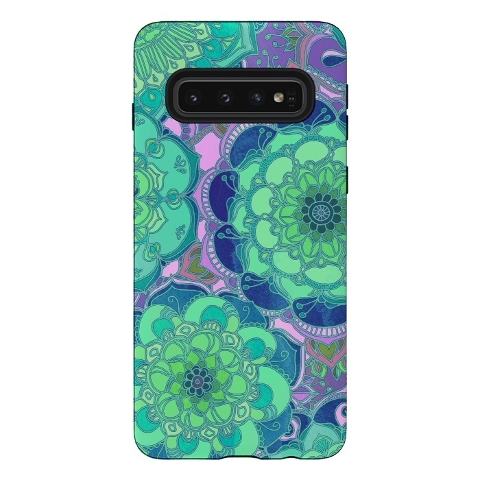 Galaxy S10 StrongFit Fantasy Flowers in Mint Green & Purple 2 by Micklyn Le Feuvre