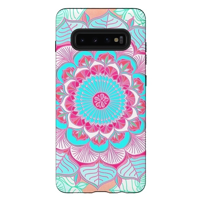 Galaxy S10 plus StrongFit Tropical Doodle Flower in Pink & Aqua by Micklyn Le Feuvre