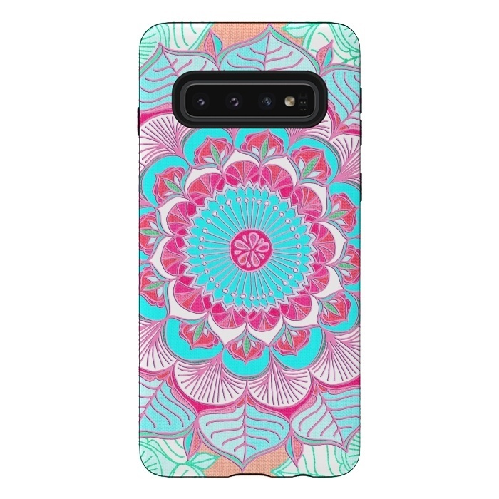Galaxy S10 StrongFit Tropical Doodle Flower in Pink & Aqua by Micklyn Le Feuvre