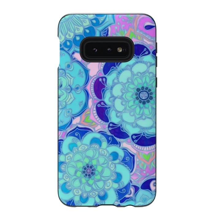 Galaxy S10e StrongFit Radiant Cyan & Purple Stained Glass Floral Mandalas by Micklyn Le Feuvre
