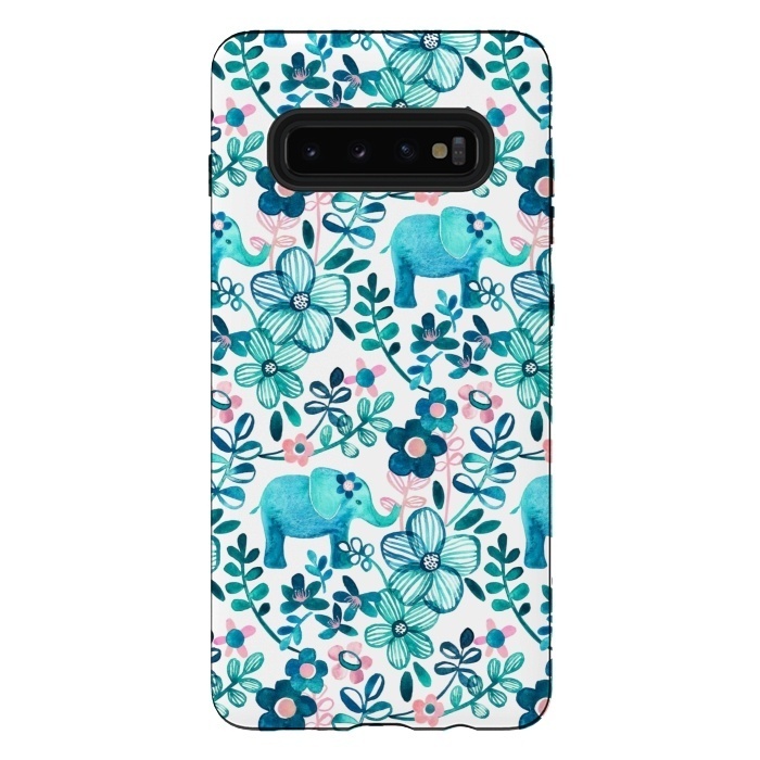 Galaxy S10 plus StrongFit Little Teal Elephant Watercolor Floral on White by Micklyn Le Feuvre