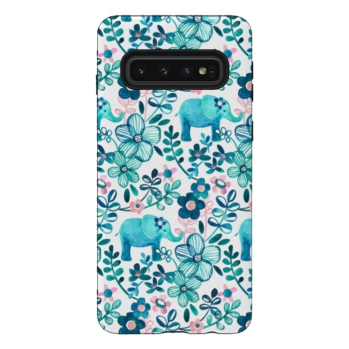 Galaxy S10 StrongFit Little Teal Elephant Watercolor Floral on White by Micklyn Le Feuvre